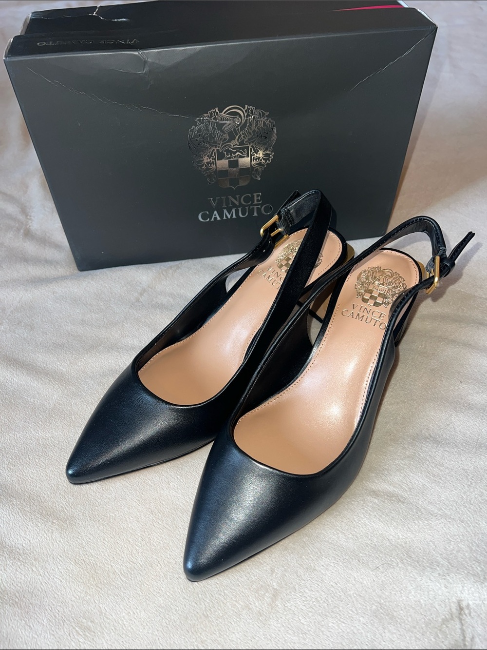 Vince Camuto Hamden Black Pointed Toe Slingback Pumps with Gold Buckle